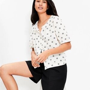 LOFT Boho Peasant Style Dotted Bubble Sleeve Cream Button Front Blouse Small NWT